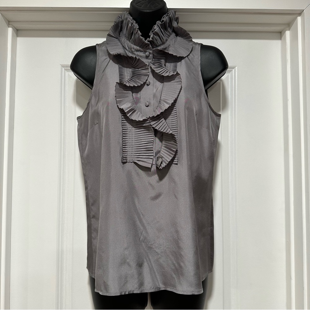 J.Crew Factory Silk Sleeveless Ruffle-Trim Gray Size 2 *See Measurements*